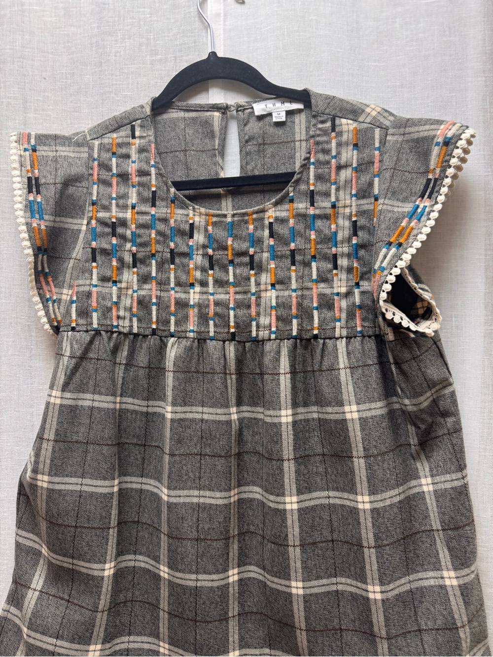 THML Gray Plaid top with Colorful Embroidered Yoke